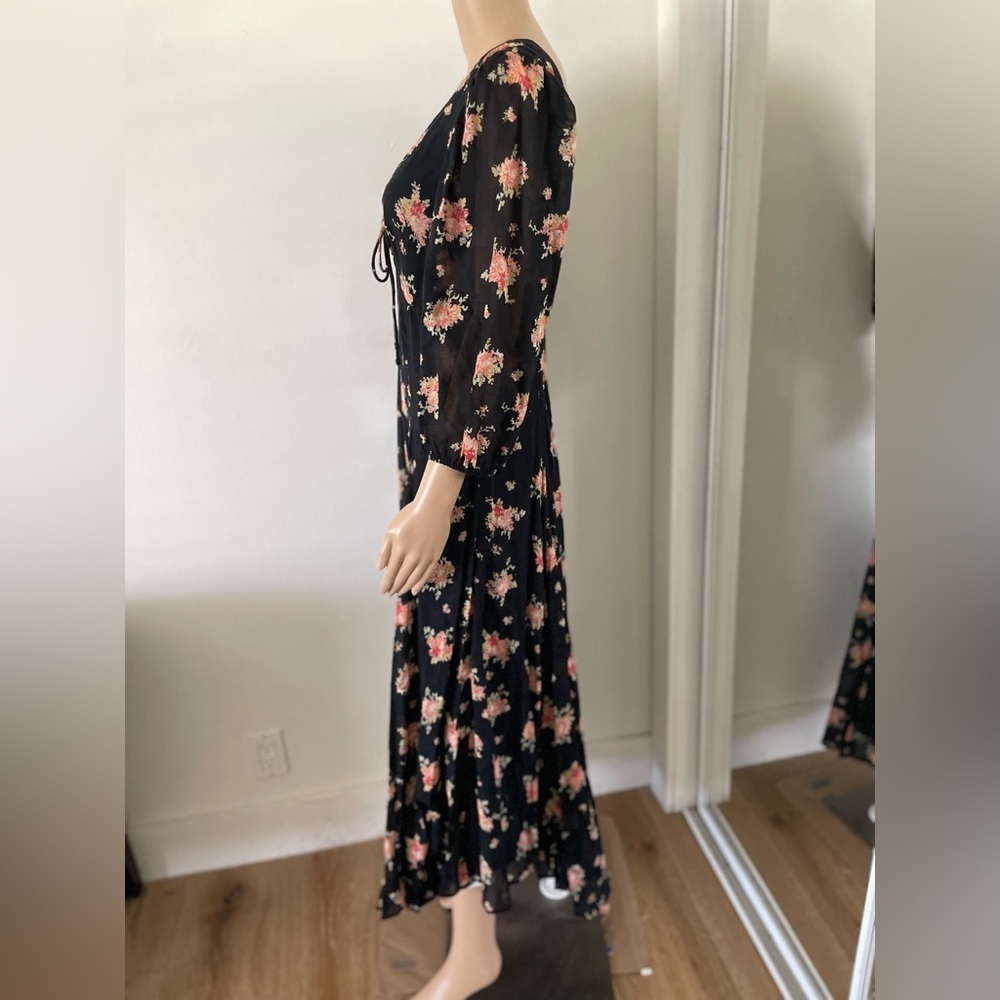 Free People Tiered Floral‎ Maxi Dress Asymmetric Hem Layered Black Cottage Boho - Picture 7 of 13
